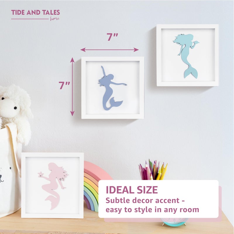 Tide and Tales Elegant 3D Mermaid Wall Decor, Framed Wooden Set of 3 Silhouettes in Pastel Colors, Mermaid Bathroom Decor, Ocean Room Decorations for Girls Bedroom, Ocean Wall Art - Image 3